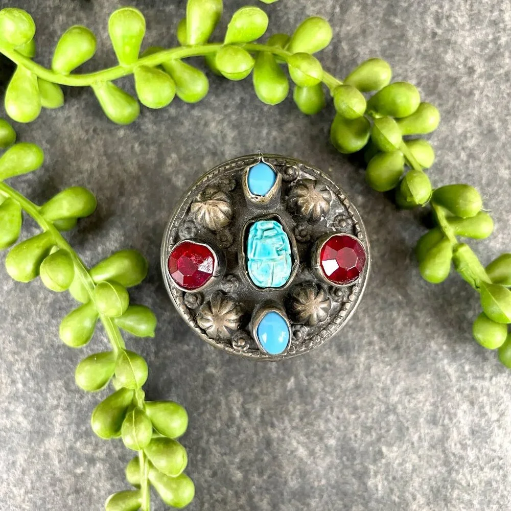 Egyptian silver scarab and pharoah snuff or trinket box